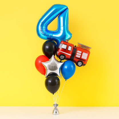 Balloon bouquet with number '4', fire truck, and stars on a yellow background