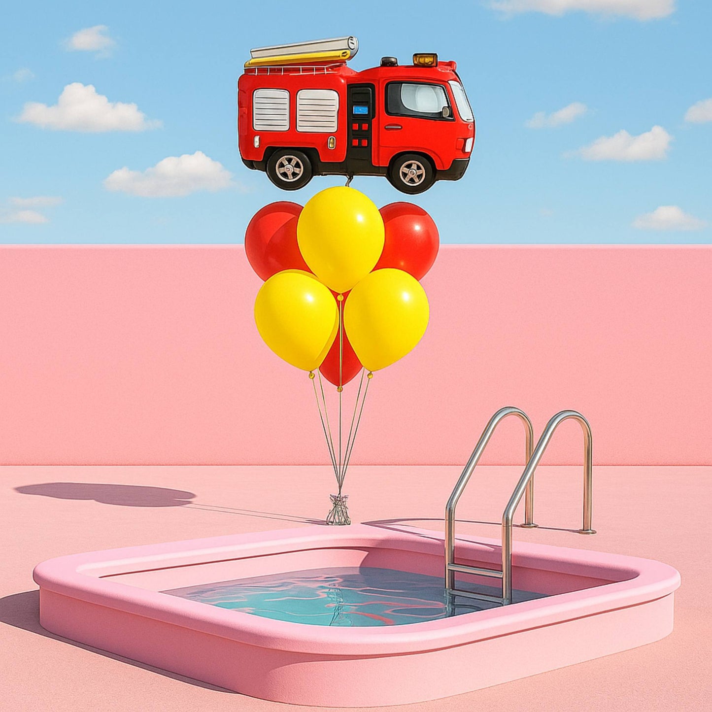 Red fire truck with balloons over a pink pool on a blue sky background
