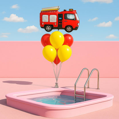 Red fire truck with balloons over a pink pool on a blue sky background