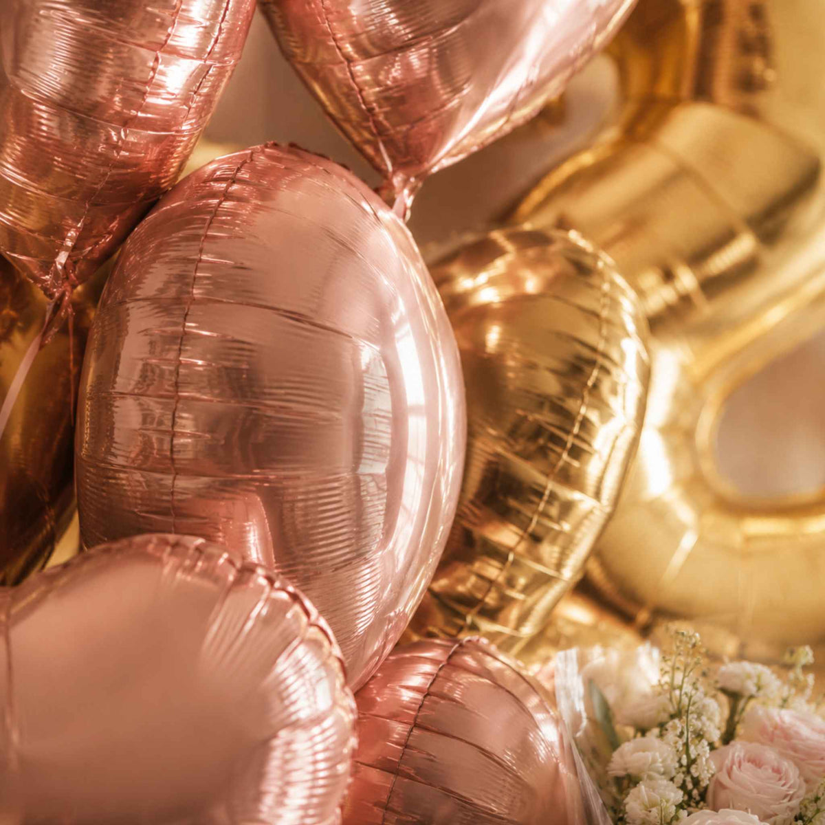 Birthday Rose Gold Heart Helium Balloons with Fresh Flowers