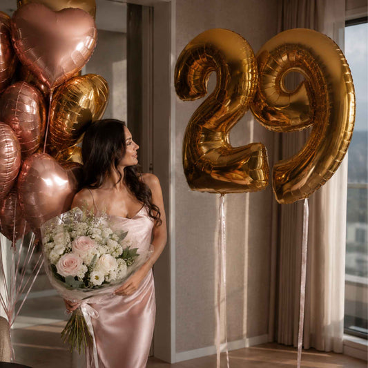 Birthday Rose Gold Heart Helium Balloons with Fresh Flowers