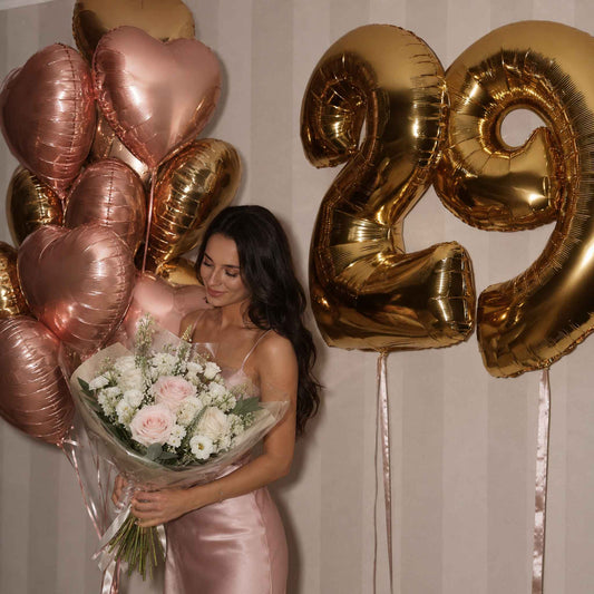 Birthday Rose Gold Heart Helium Balloons with Fresh Flowers