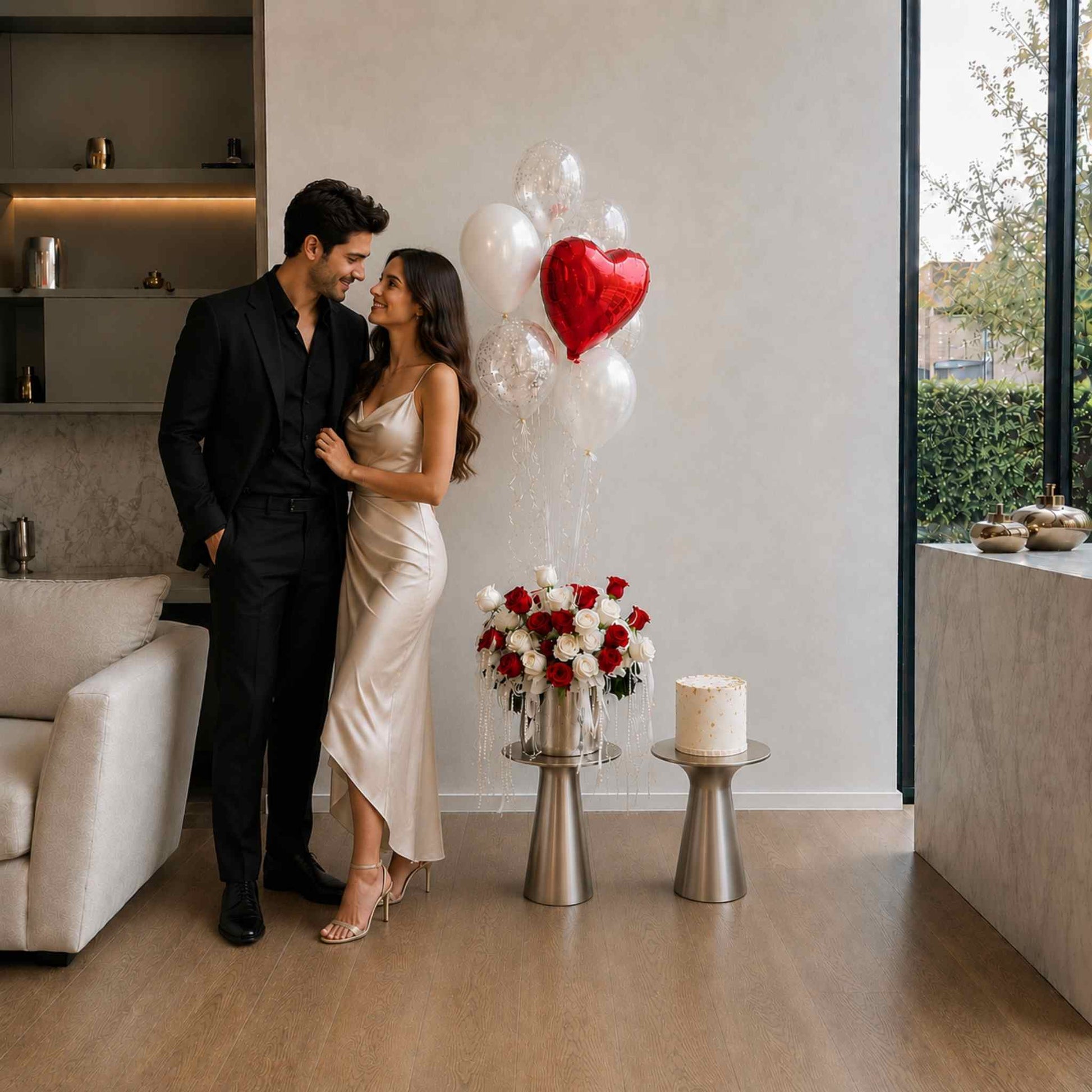 Couple standing in a modern living room with balloons and flowers.