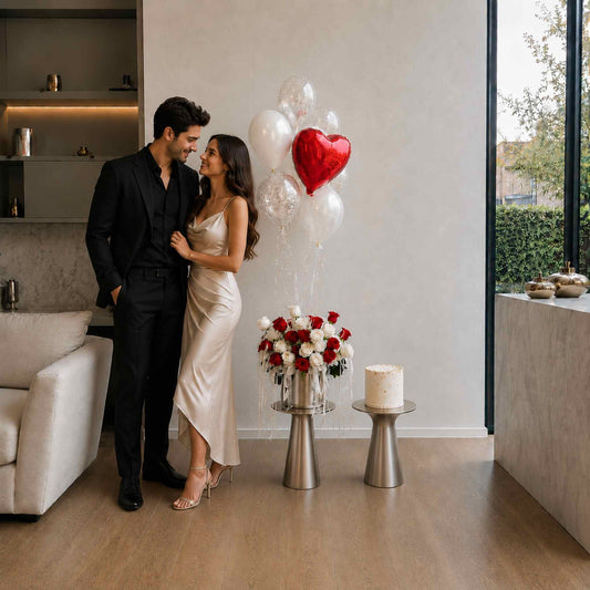 Couple standing in a modern living room with balloons and flowers.
