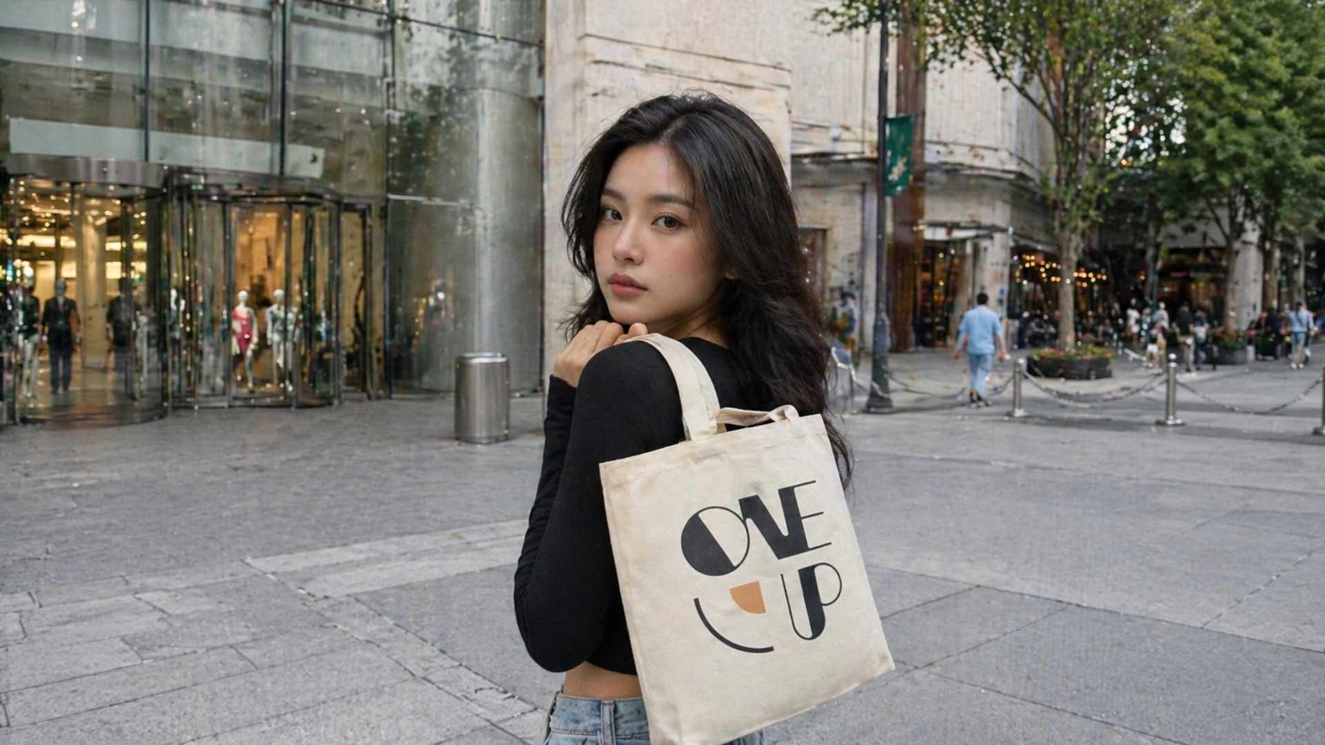 Woman holding a tote bag with 'ONE UP' text on a city street.
