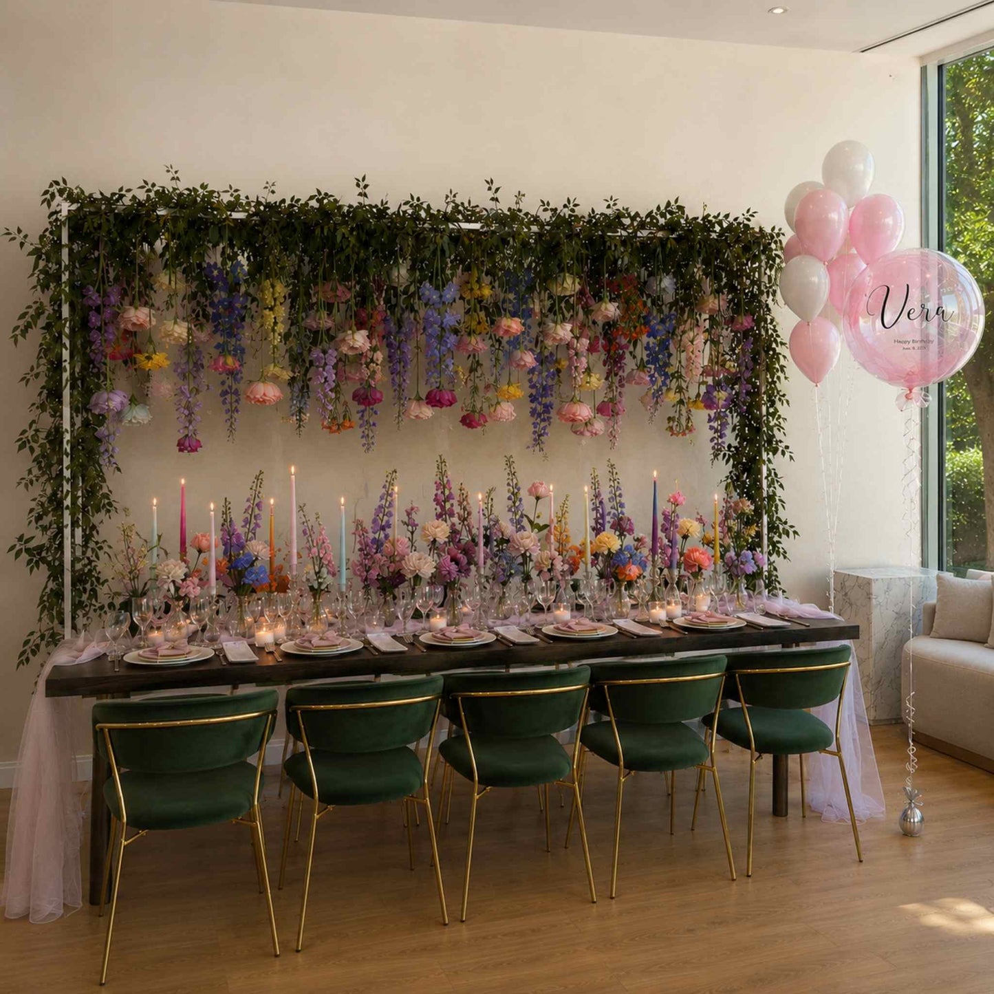 Decorated dining table with floral arrangements, candles, and balloons in a room with greenery.