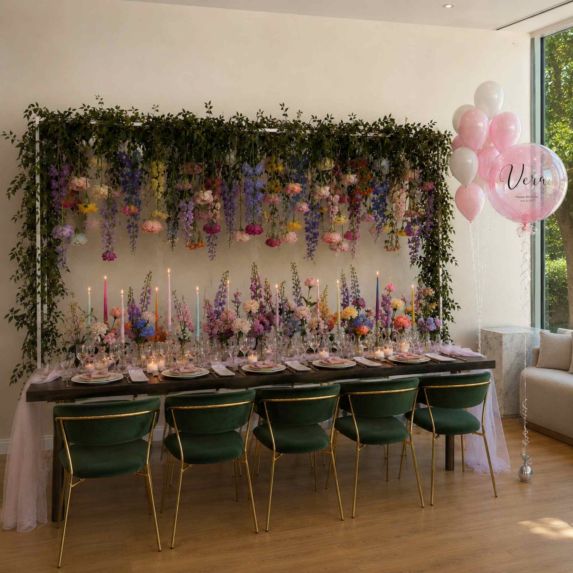 Decorated dining table with floral arrangements, candles, and balloons in a room with greenery.