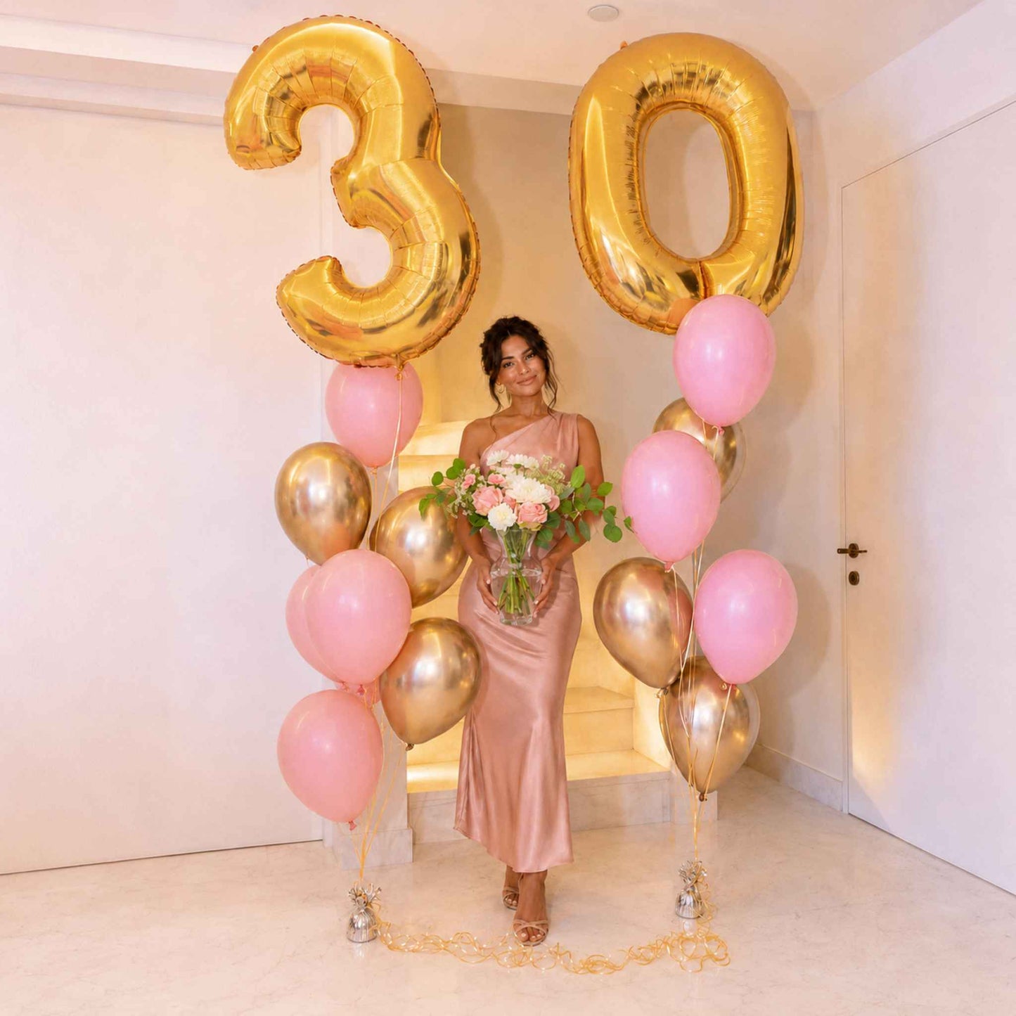 Pink & Gold Birthday Balloons with Fresh Flowers Bundle