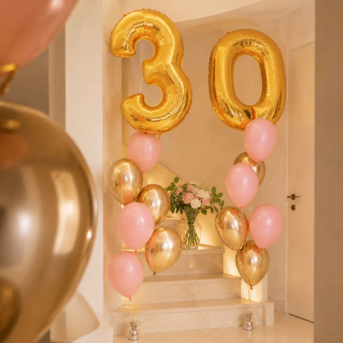 Pink & Gold Birthday Balloons with Fresh Flowers Bundle