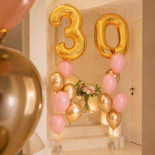Pink & Gold Birthday Balloons with Fresh Flowers Bundle