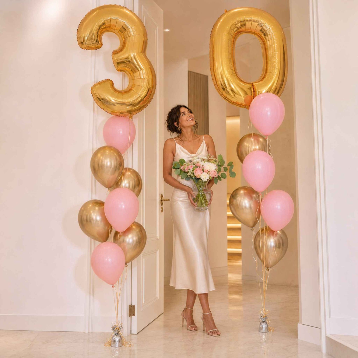Pink & Gold Birthday Balloons with Fresh Flowers Bundle
