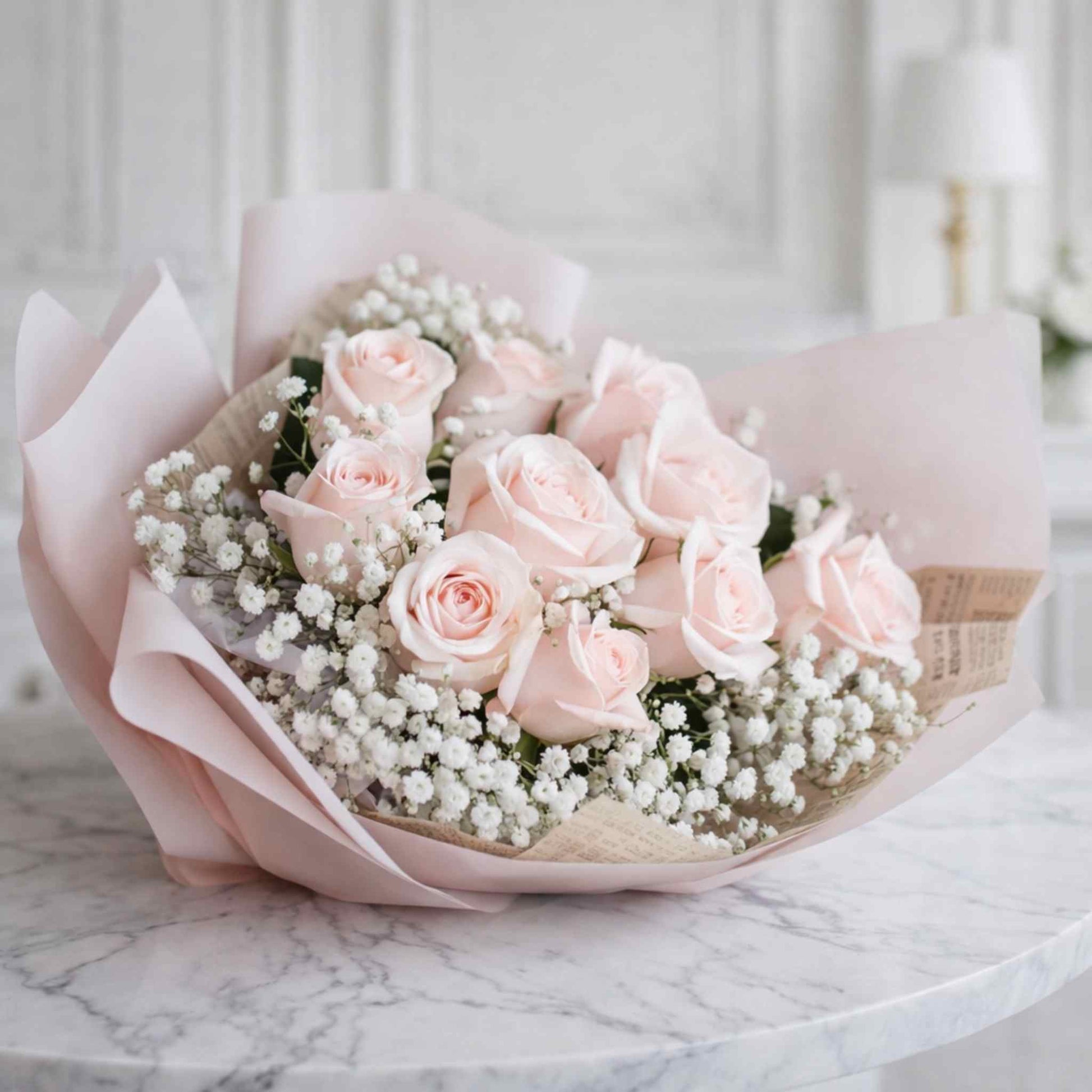 Bouquet of pink roses and baby's breath wrapped in pink paper on a marble surface.