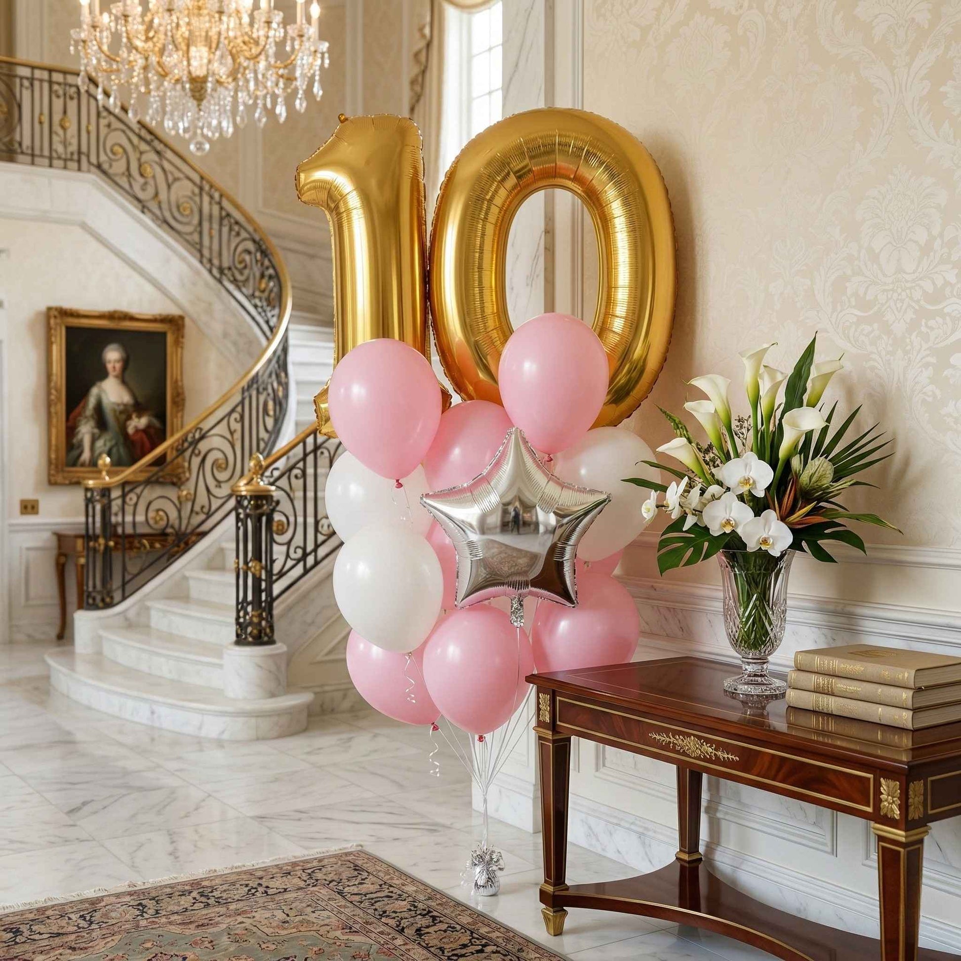 Decorative setup with gold number balloons, pink and white balloons, and a vase of flowers in a grand interior setting.