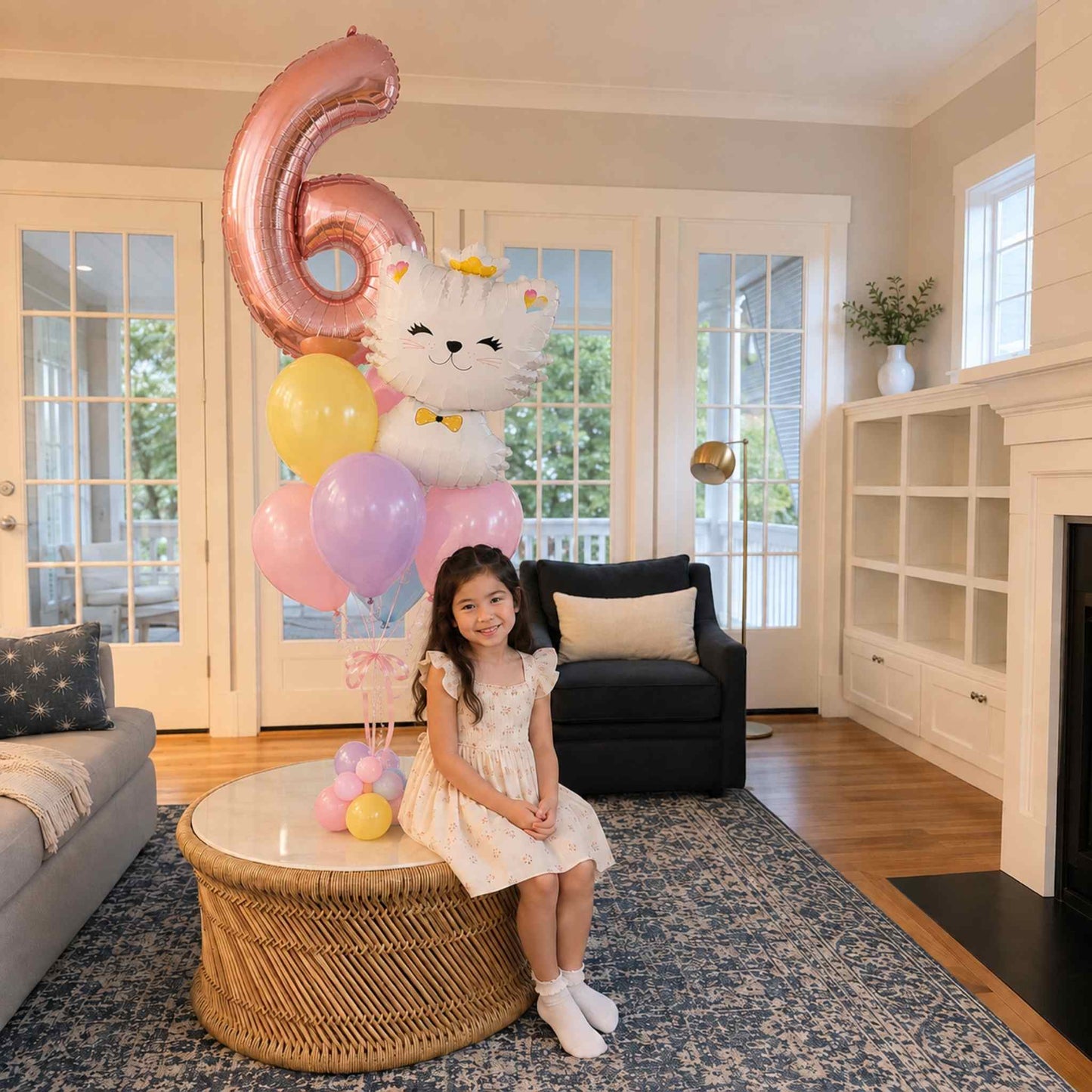 A young girl in a white dress sits on a round woven coffee table in a bright living room, next to a large balloon bouquet featuring a number 6 balloon, a white cat balloon, and pastel balloons.