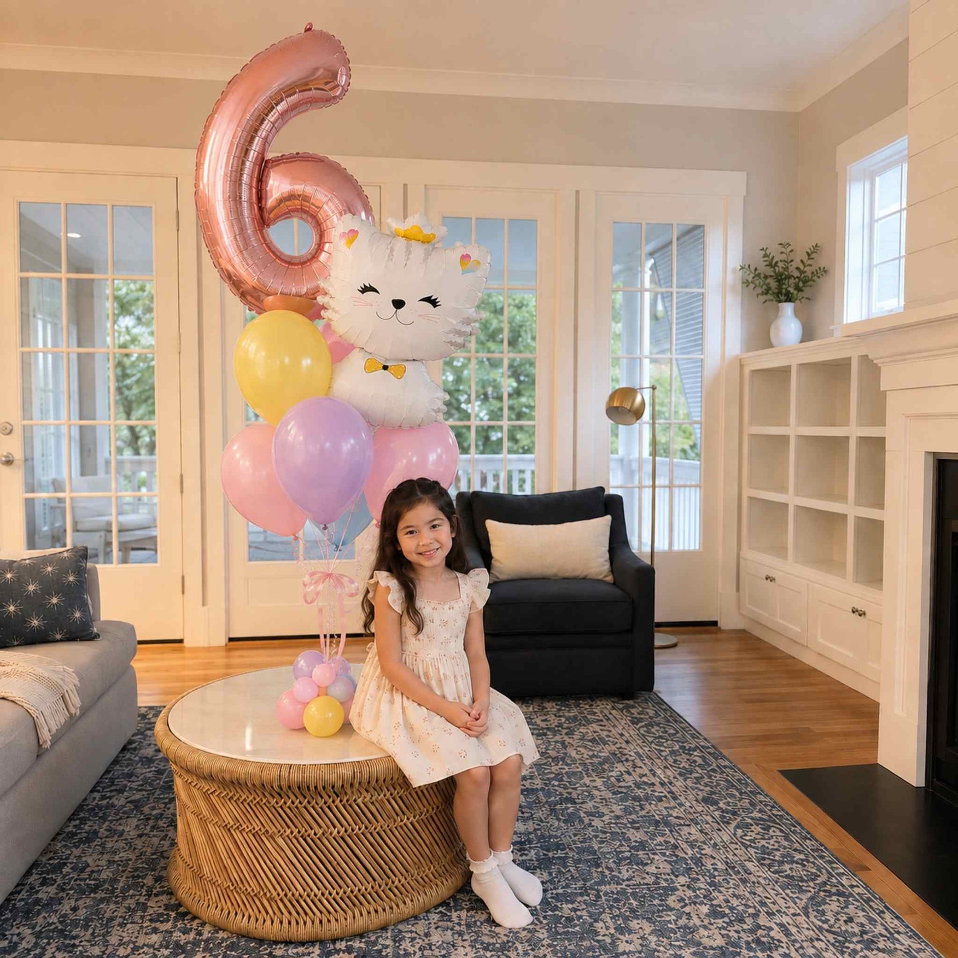 A young girl in a white dress sits on a round woven coffee table in a bright living room, next to a large balloon bouquet featuring a number 6 balloon, a white cat balloon, and pastel balloons.