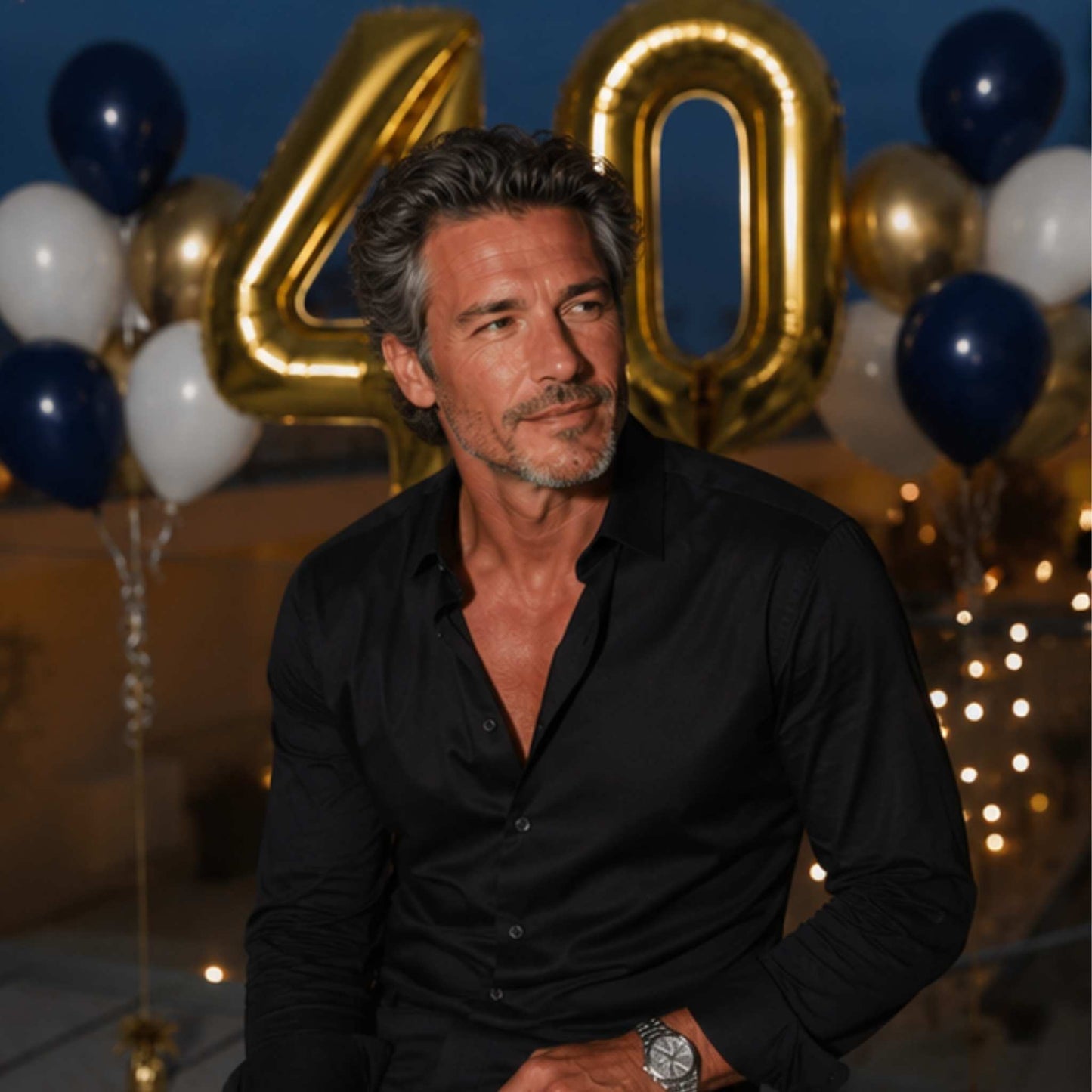 A man wearing a black button-down shirt sits in front of a gold '40' balloon decoration with navy blue and white balloons in the background.