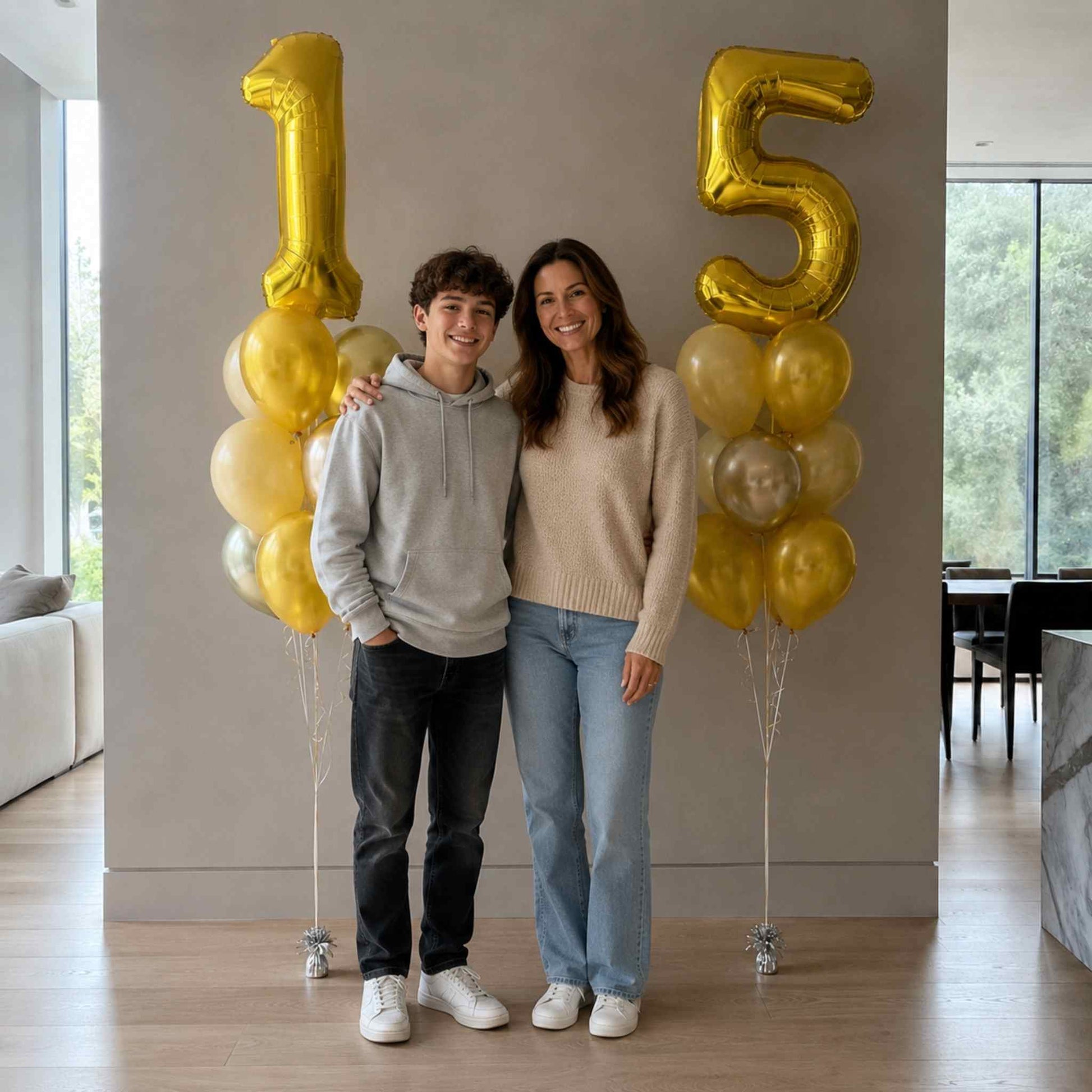 Two people standing in a room with gold and yellow balloons shaped like the number 15.