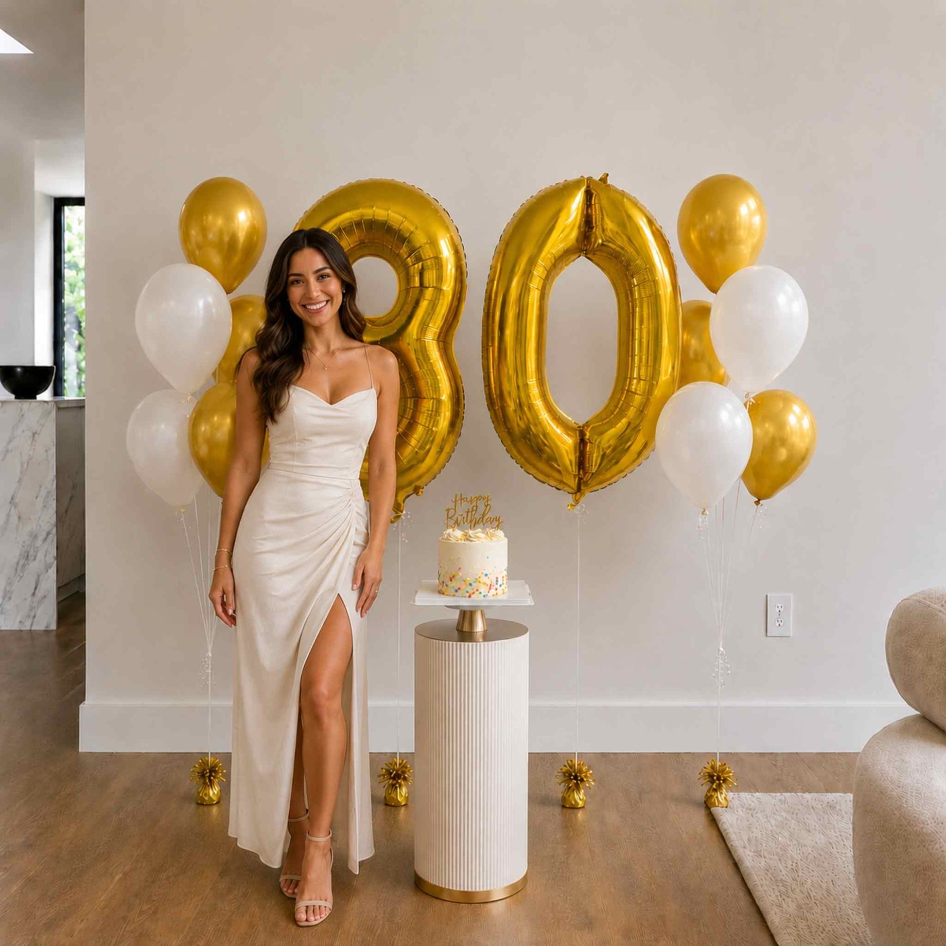 Woman in a white dress standing next to gold '80' balloons and a cake in a room.