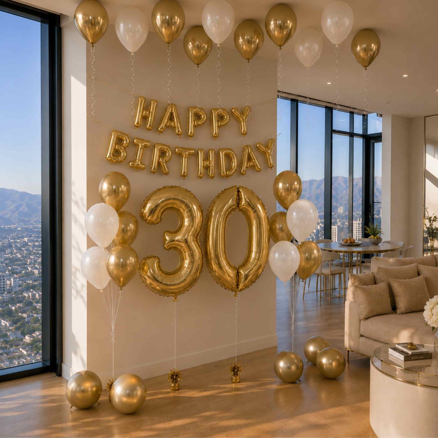 Birthday celebration with gold 'Happy Birthday' and '30' balloons in a modern living room.