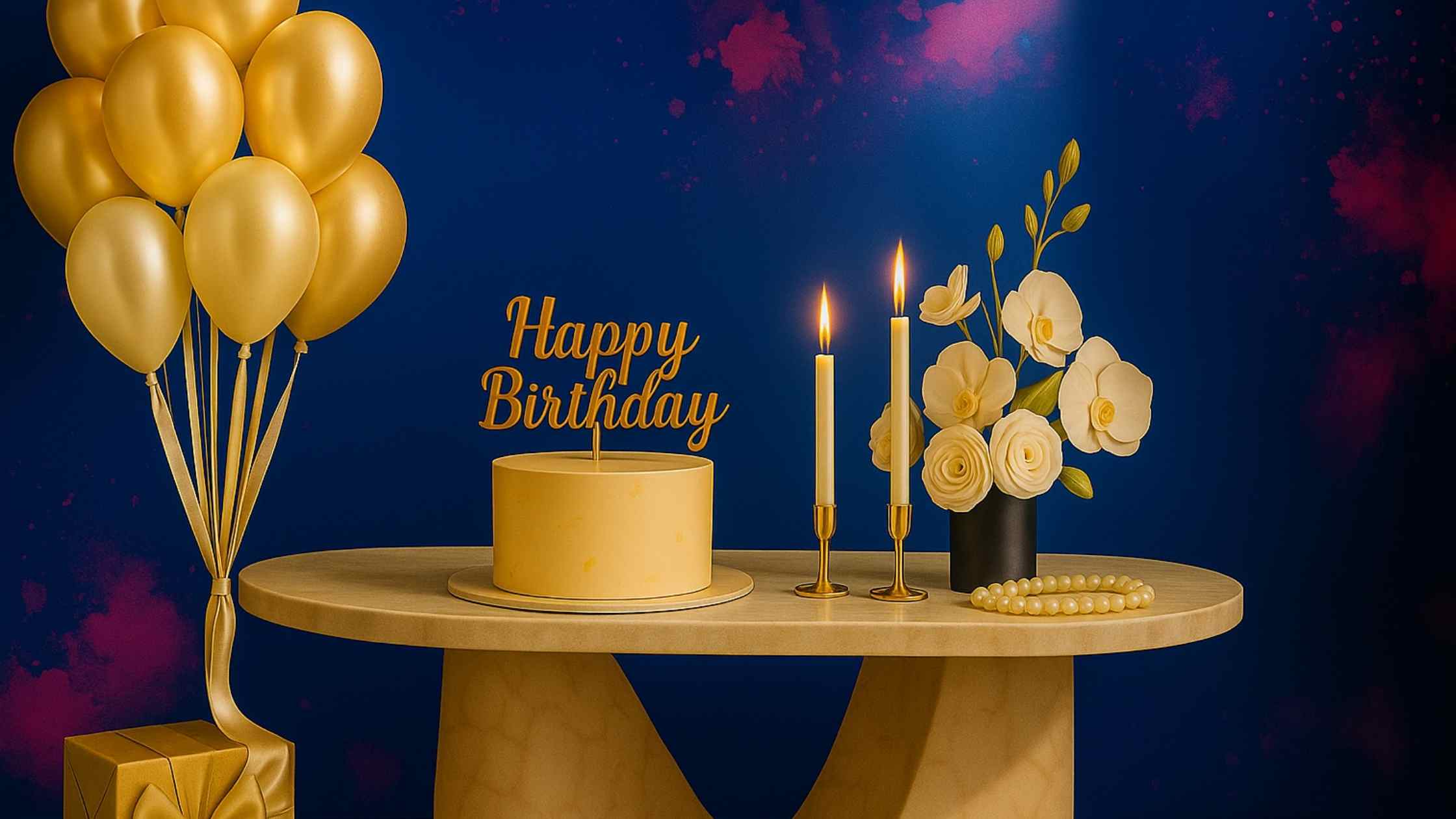 Birthday cake with 'Happy Birthday' topper, candles, and balloons on a table against a dark blue background.