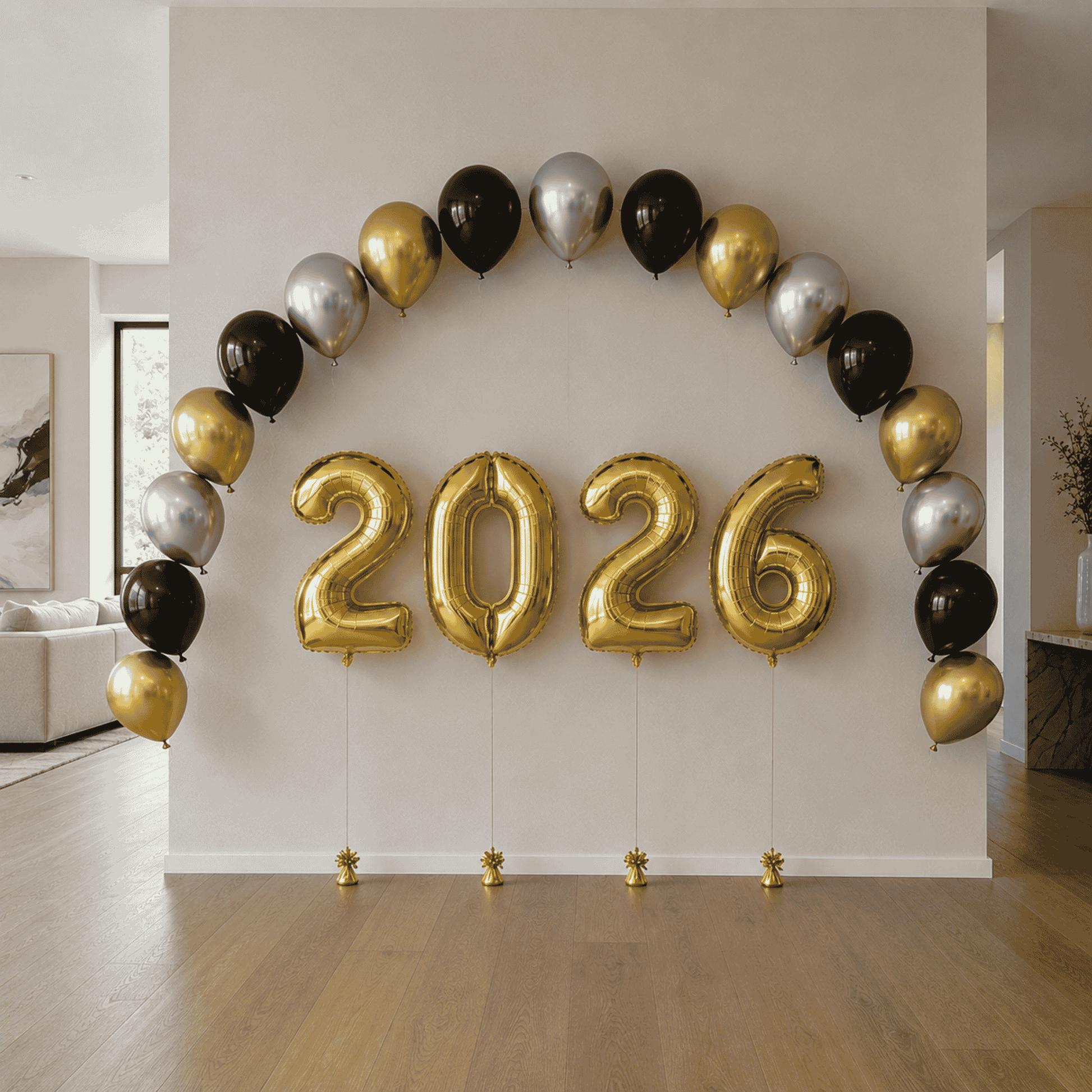 Gold, black, and silver balloons arranged in a circular pattern with '2026' in the center.