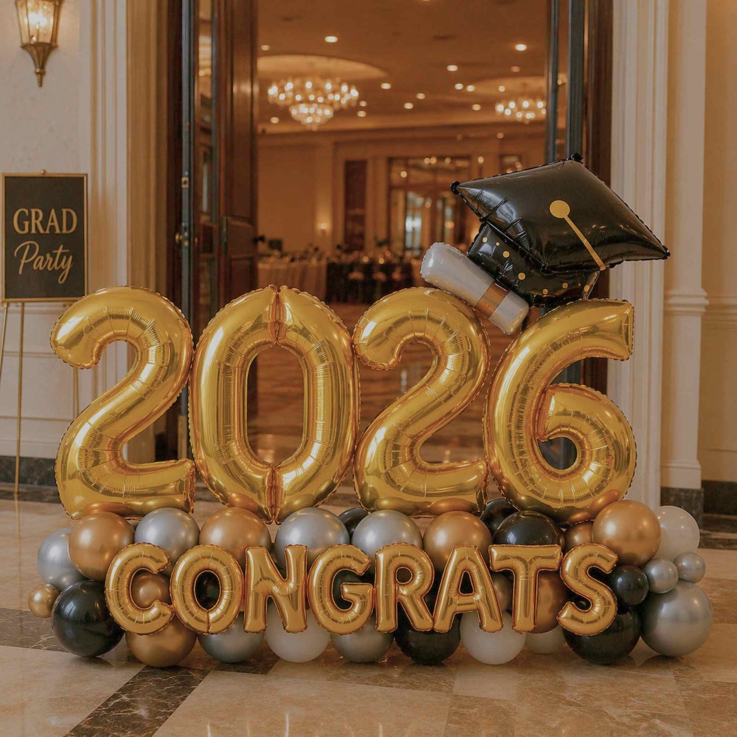 Gold '2026 Congrats' balloons with a graduation cap in a formal setting.