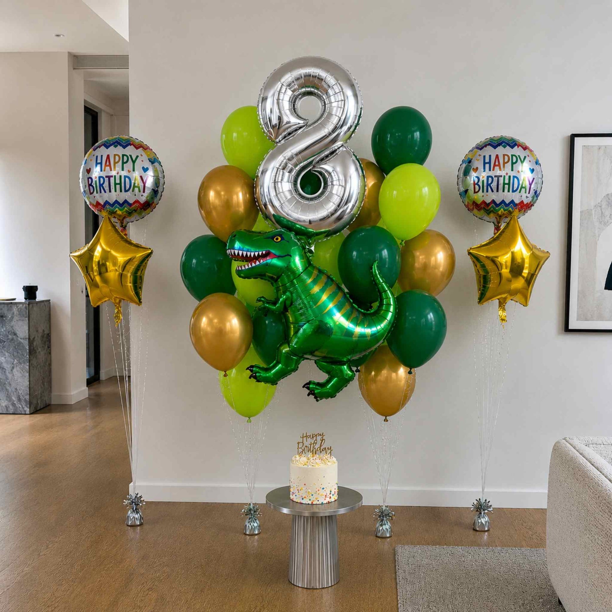 Birthday balloon arrangement with number 8 and dinosaur balloon in a living room.