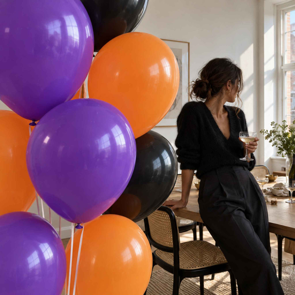 A woman in a black outfit leans by a table holding a glass, with large purple, orange, and black balloons clustered in the foreground of a bright indoor room.
