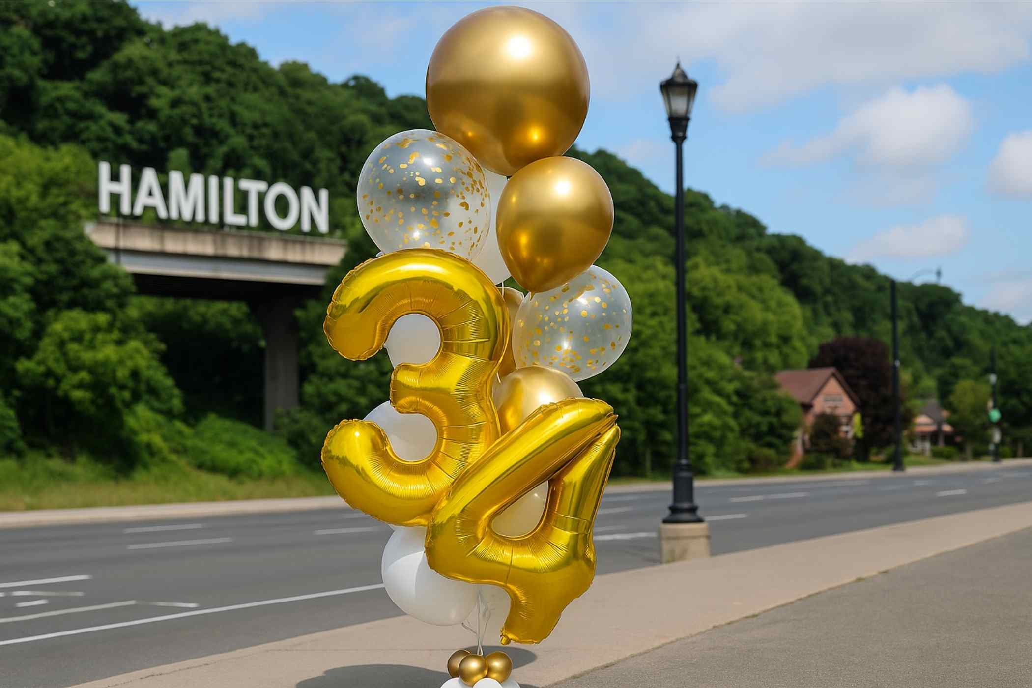 Gold and white balloons with numbers '34' on a street with 'Hamilton' sign in the background