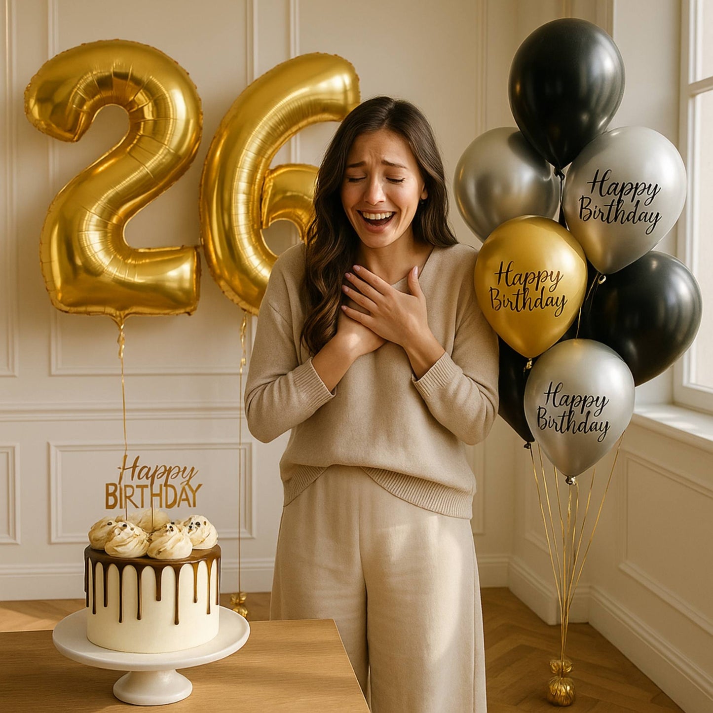 Woman celebrating her 26th birthday with gold and black balloons and a cake.