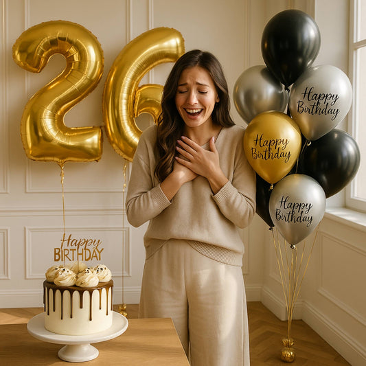 Woman celebrating her 26th birthday with gold and black balloons and a cake.