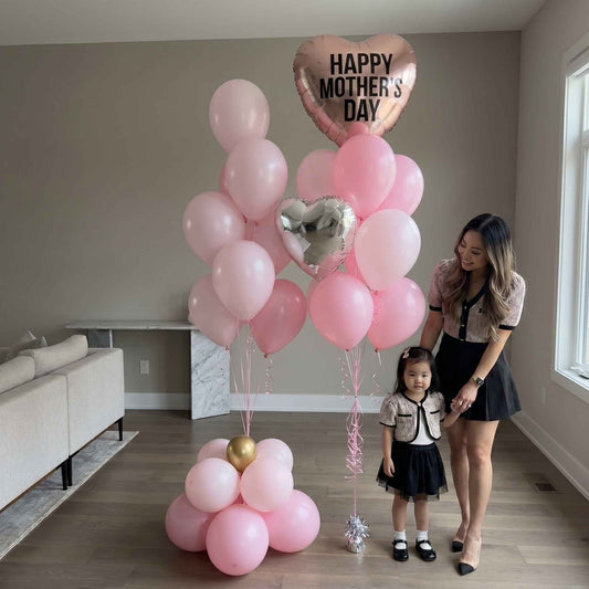 Mother and daughter with pink Mother’s Day balloons large apartment 