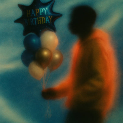 A bouquet of balloons featuring a 27-inch helium-filled Happy Birthday Blast foil balloon in blue and gold, accompanied by two smaller balloons in blue and white, all arranged with white curling ribbon against a wall.