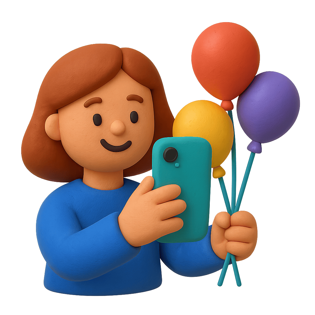 3D character holding a blue phone and colorful balloons on a transparent background