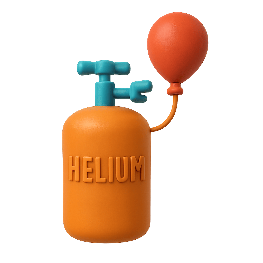 Helium tank with a blue valve and orange balloon on a transparent for business tank sizing and expert support by One Up Party