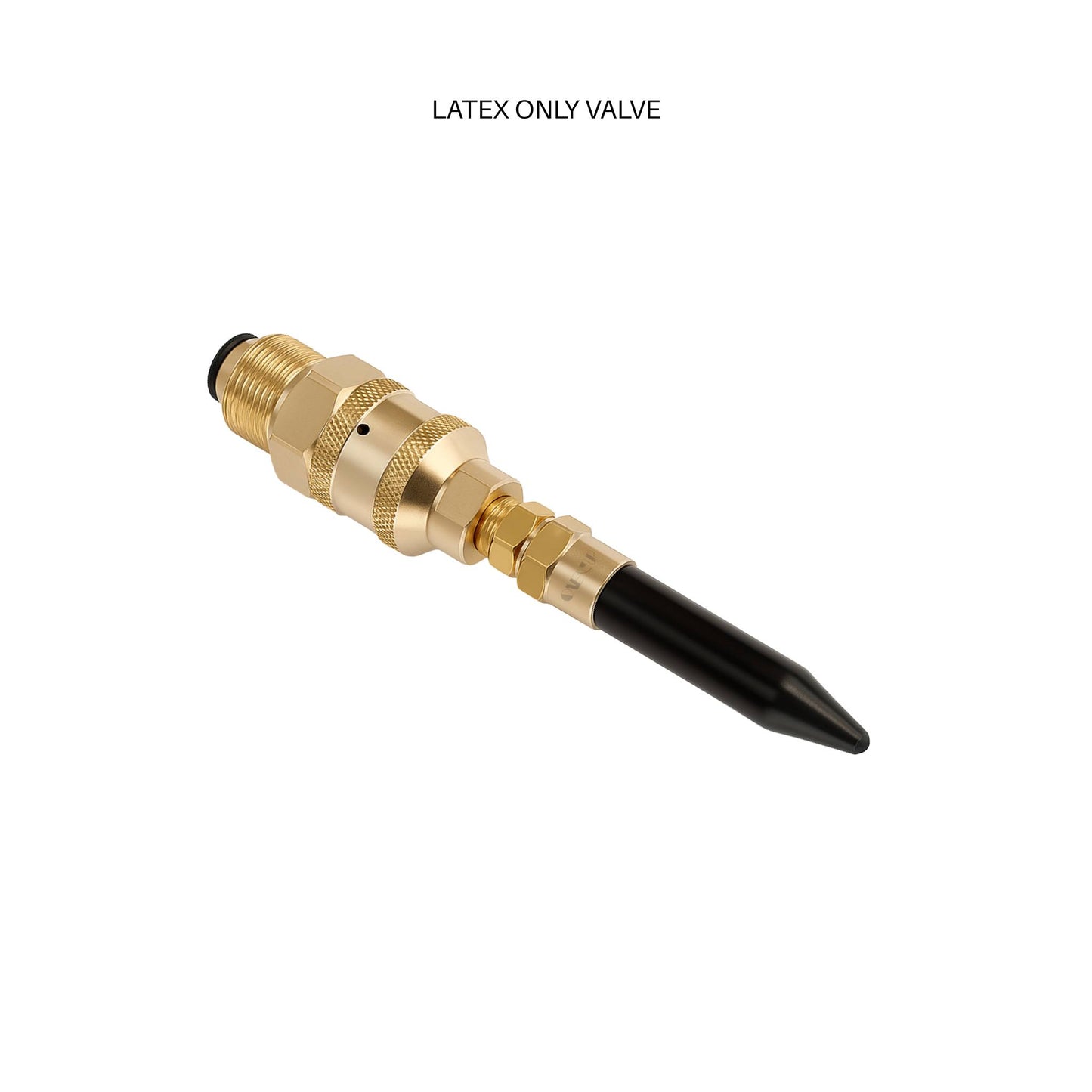 Gold valve with black tip on a white background, labeled 'Latex Only Valve'. balloon inflator 