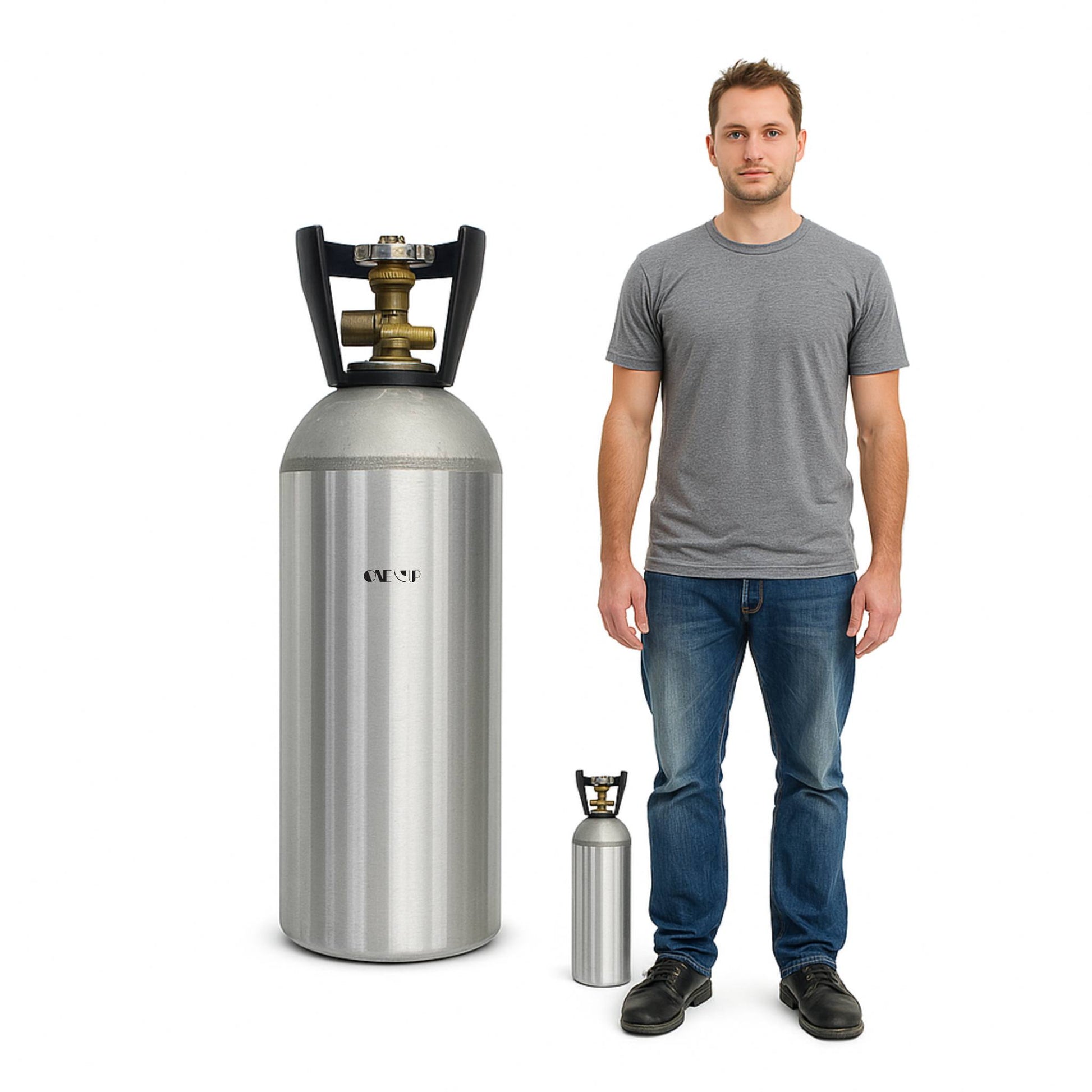 Man standing next to two propane helium tanks of different sizes on a white background