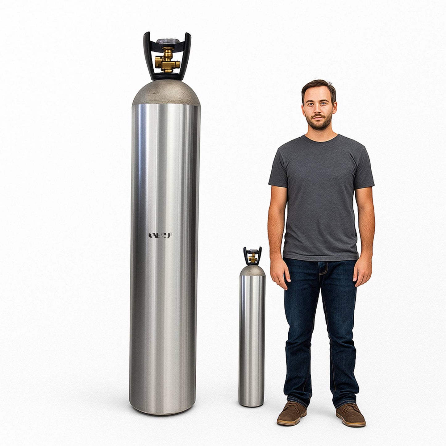 Helium M tank 125 cu ft rental Canada and Vancouver man standing in front of helium tank