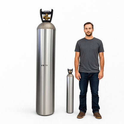 Helium M tank 125 cu ft rental Canada and Vancouver man standing in front of helium tank