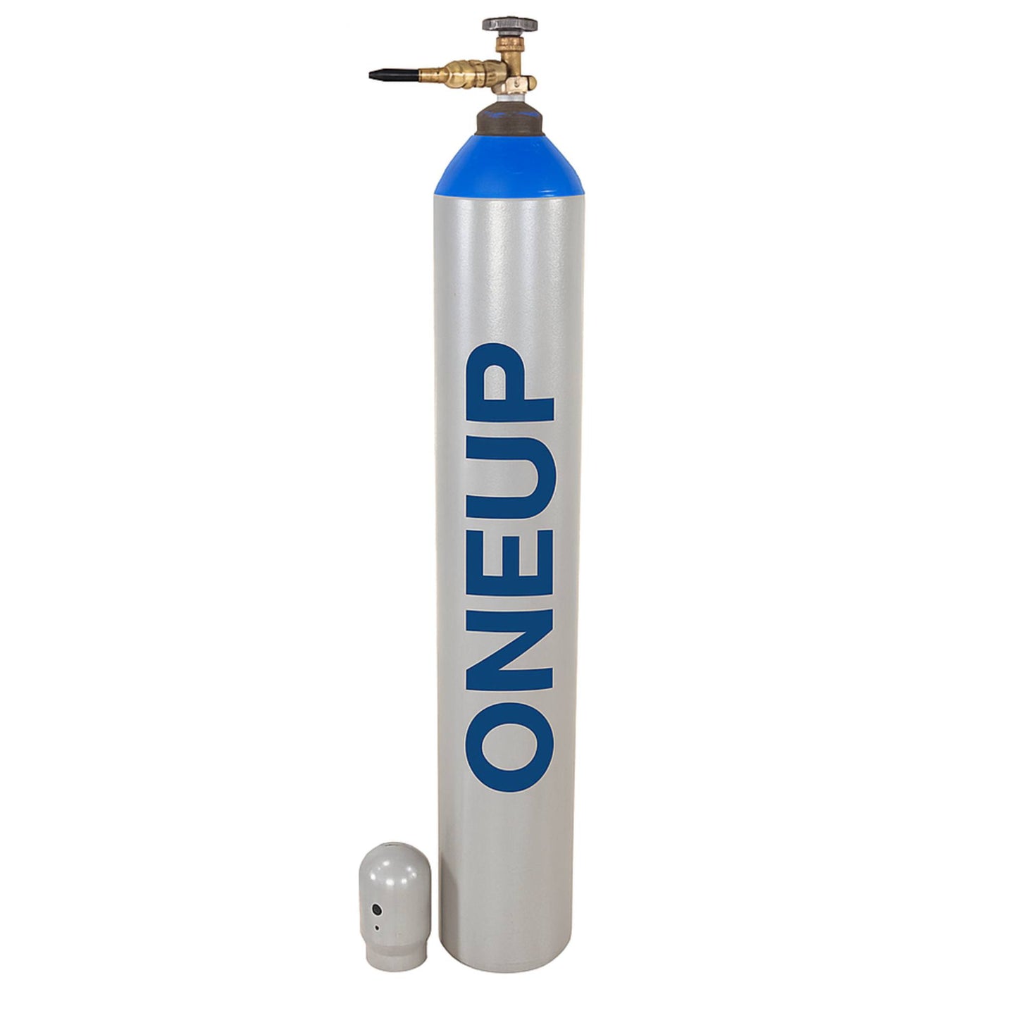 OneUp largre metal helium tank on a white background