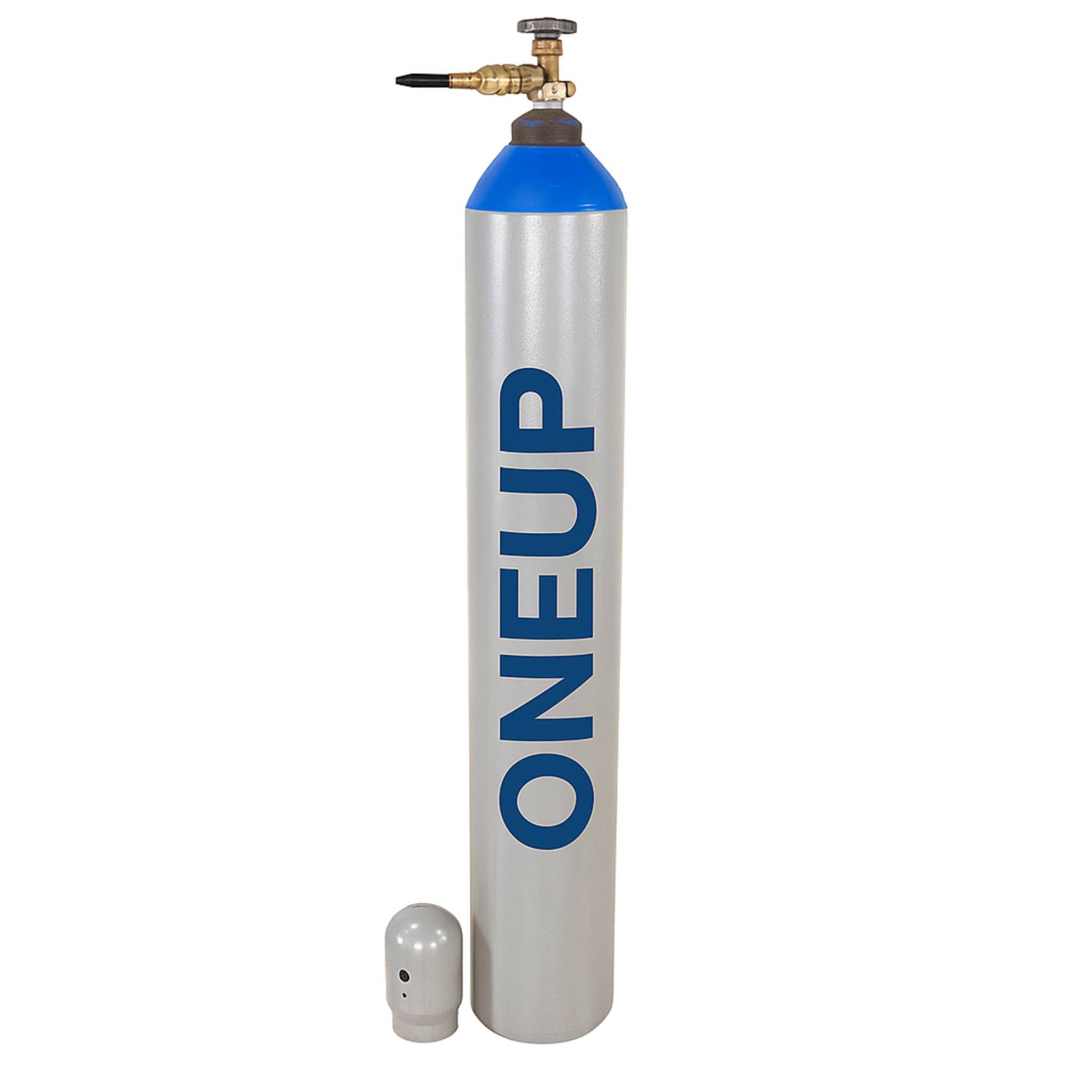 OneUp largre metal helium tank on a white background