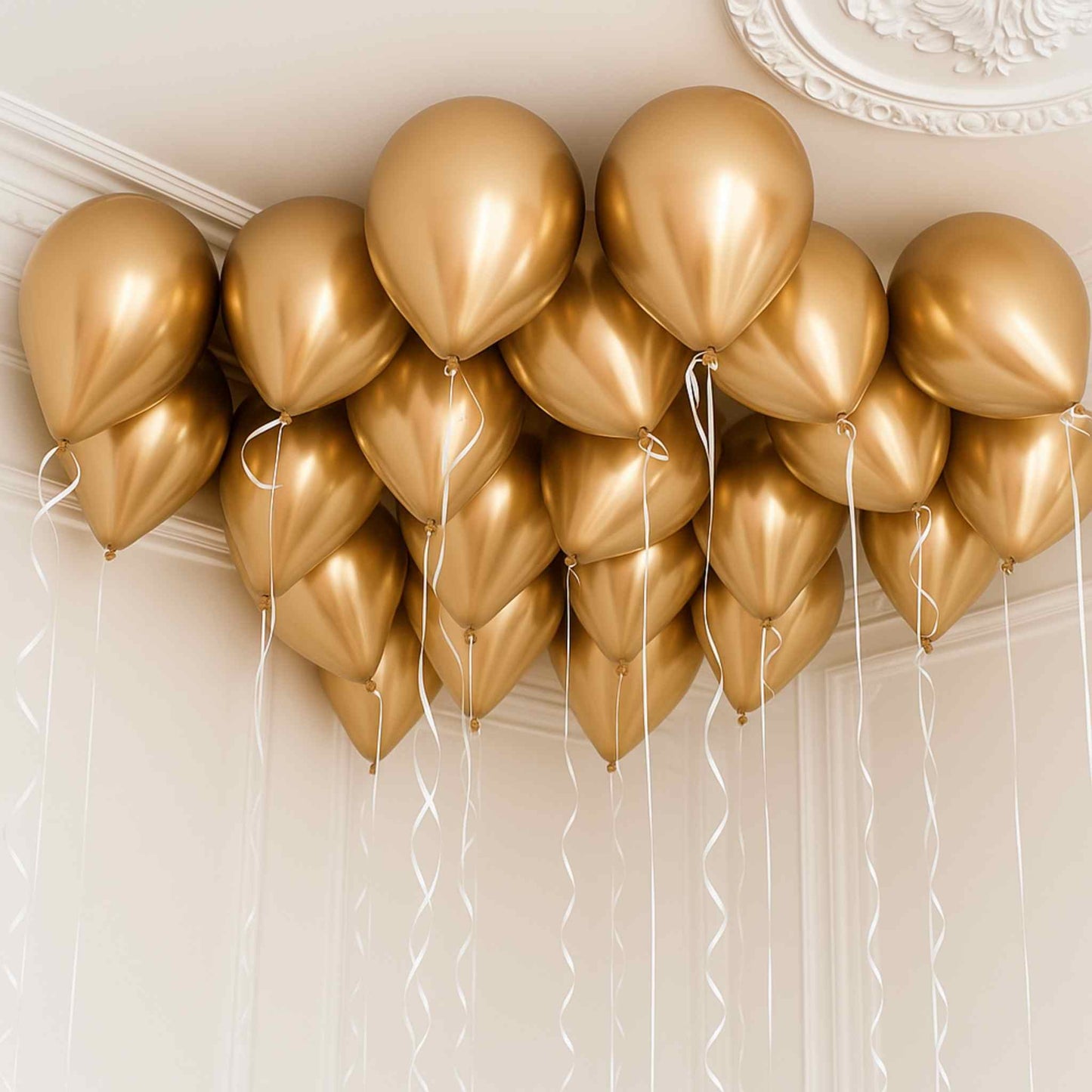 Gold balloons hanging from the ceiling in a decorative arrangement.