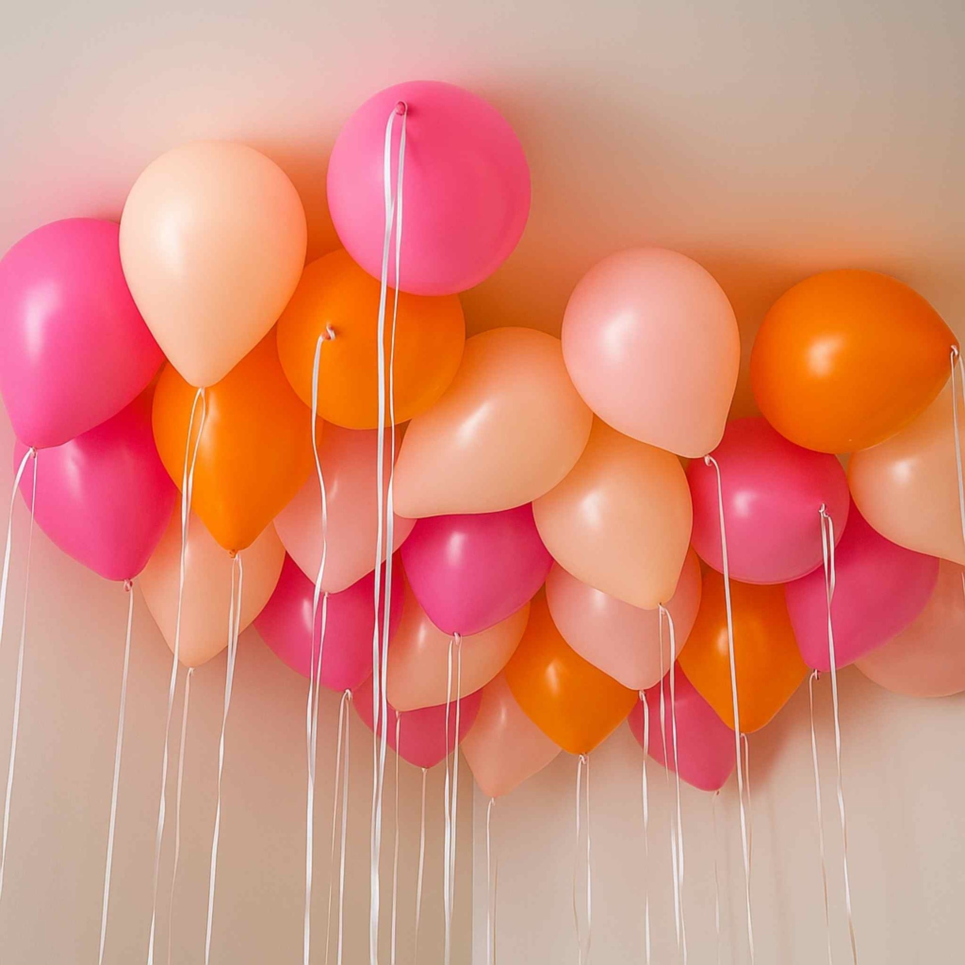 Decorative arrangement of pink, orange, and peach balloons on sticks against a light background