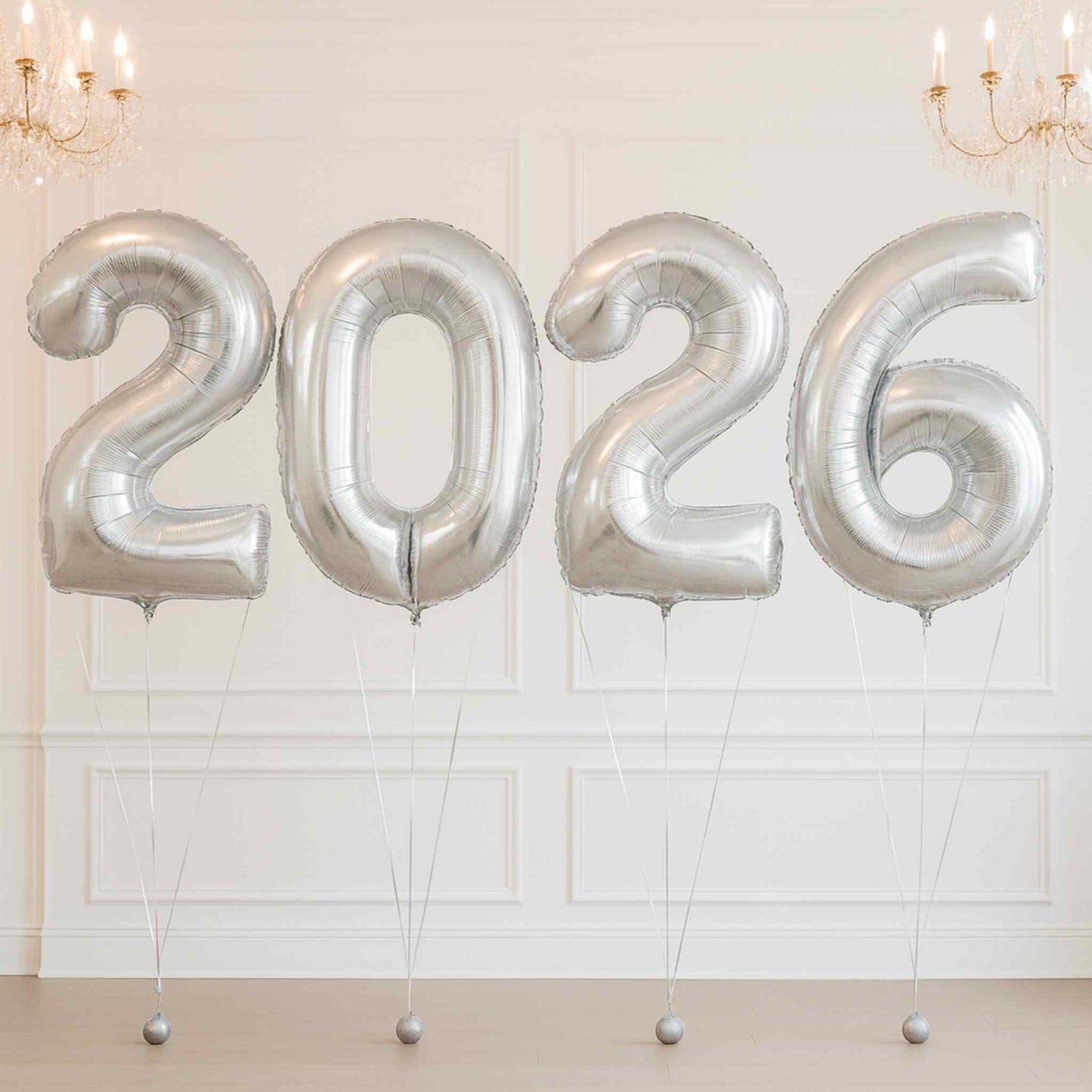 Silver '2026' balloons against a white wall with chandeliers.