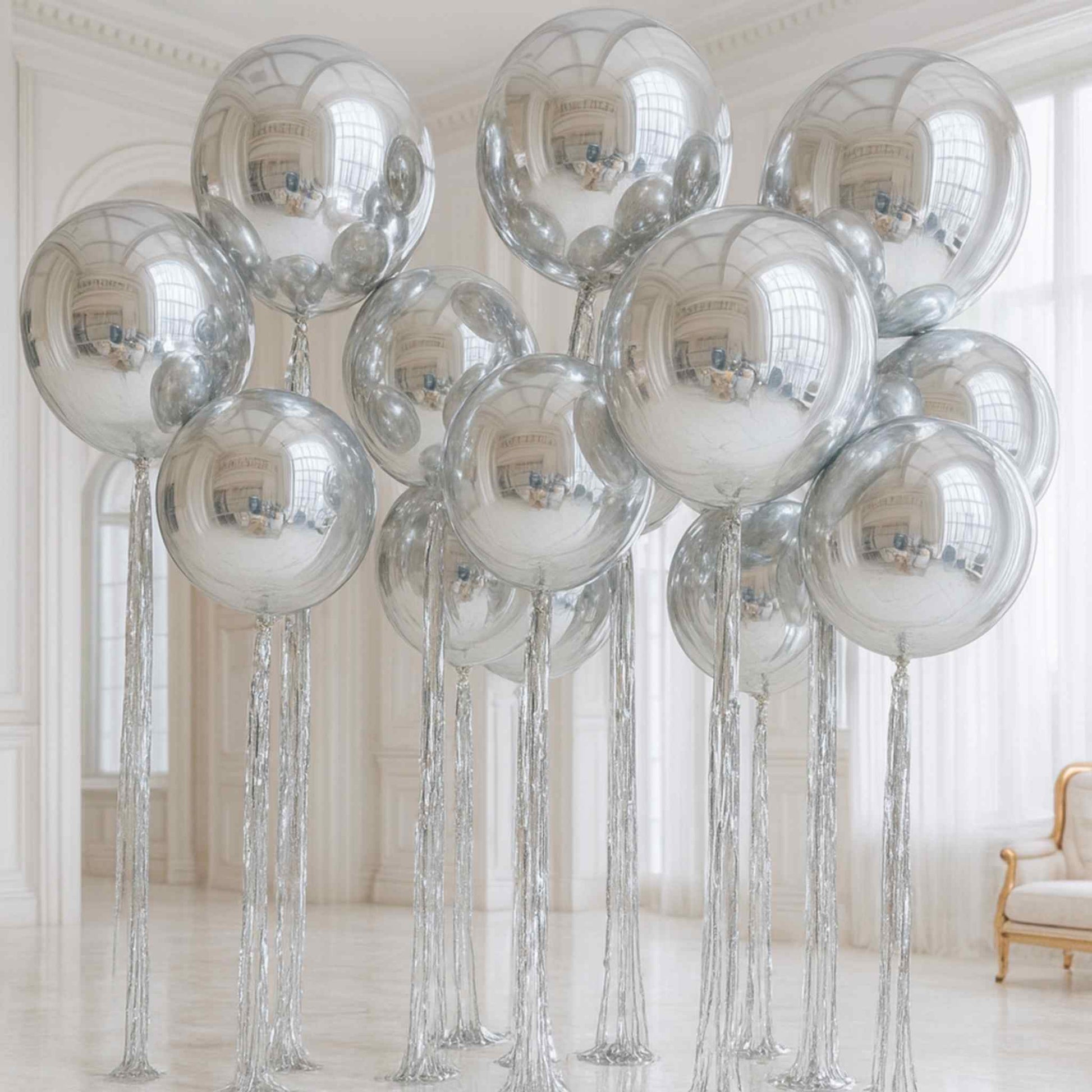 Silver reflective balloons with tassels in a room with white walls and a chair.