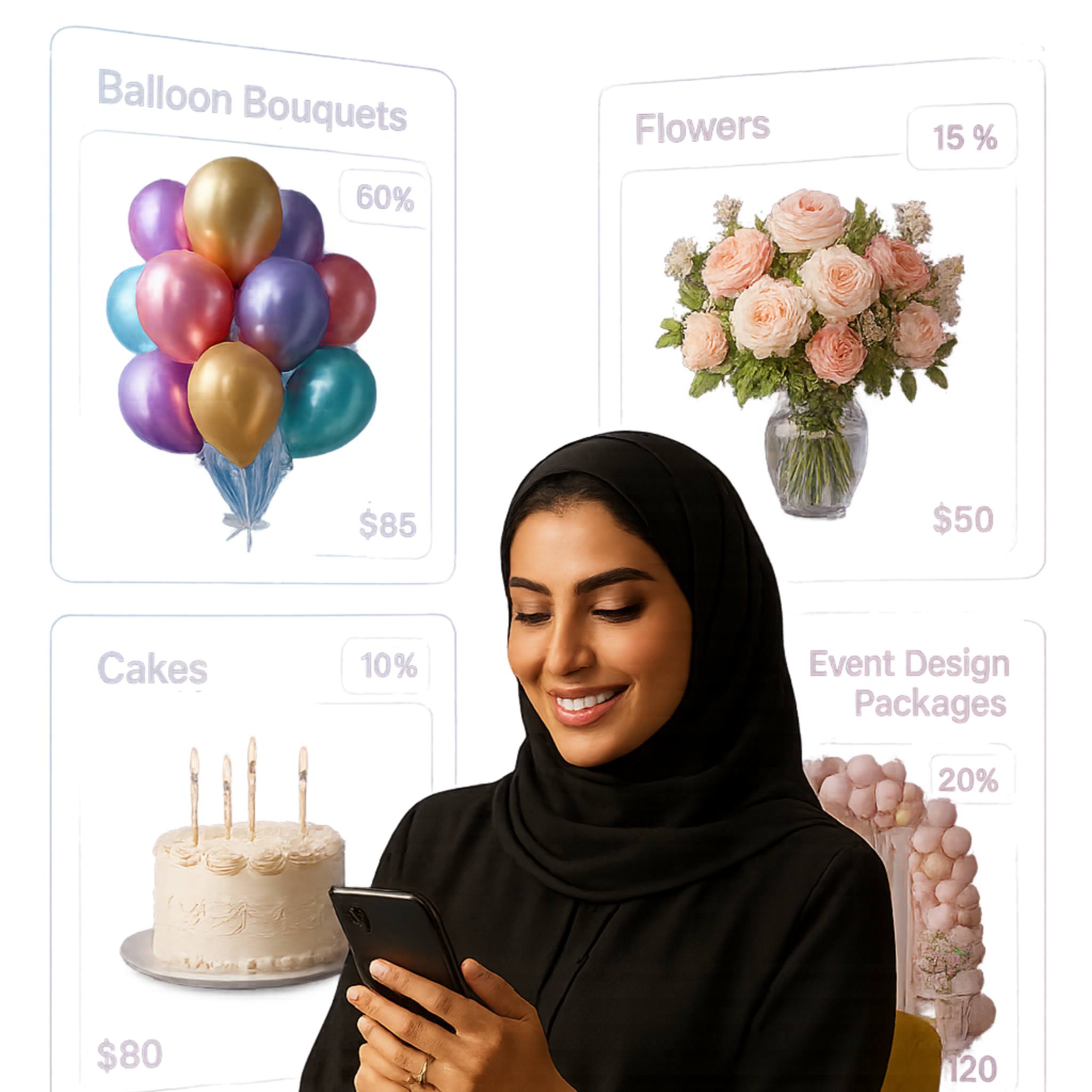 Woman using a phone with balloon bouquets, flowers, and a cake displayed on a screen behind her.