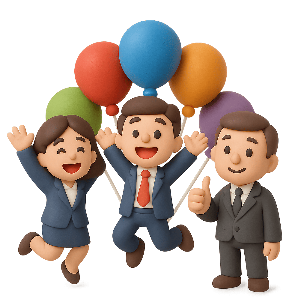 Three animated characters in business attire holding colorful balloons on a transparent background
