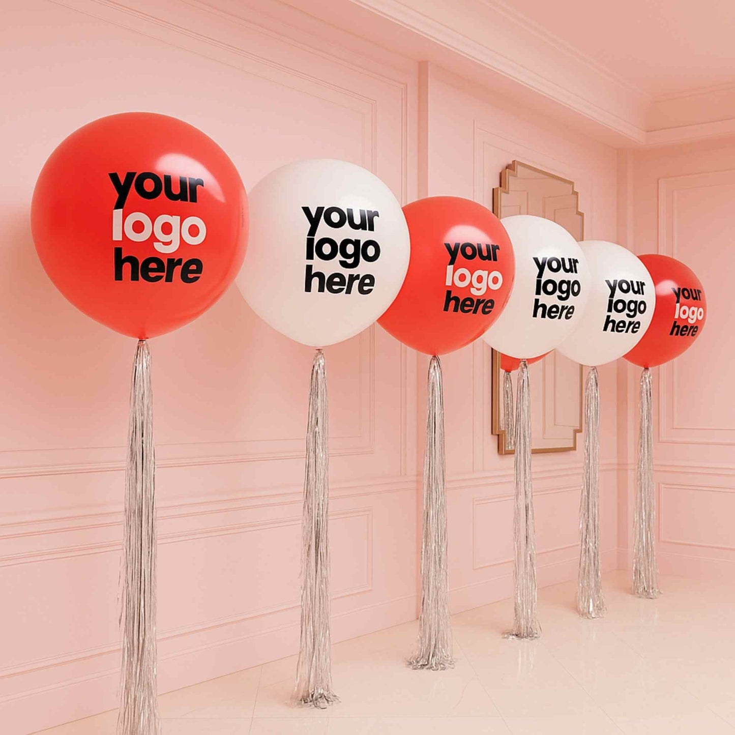 Red and white balloons with 'your logo here' text on a pink wall background