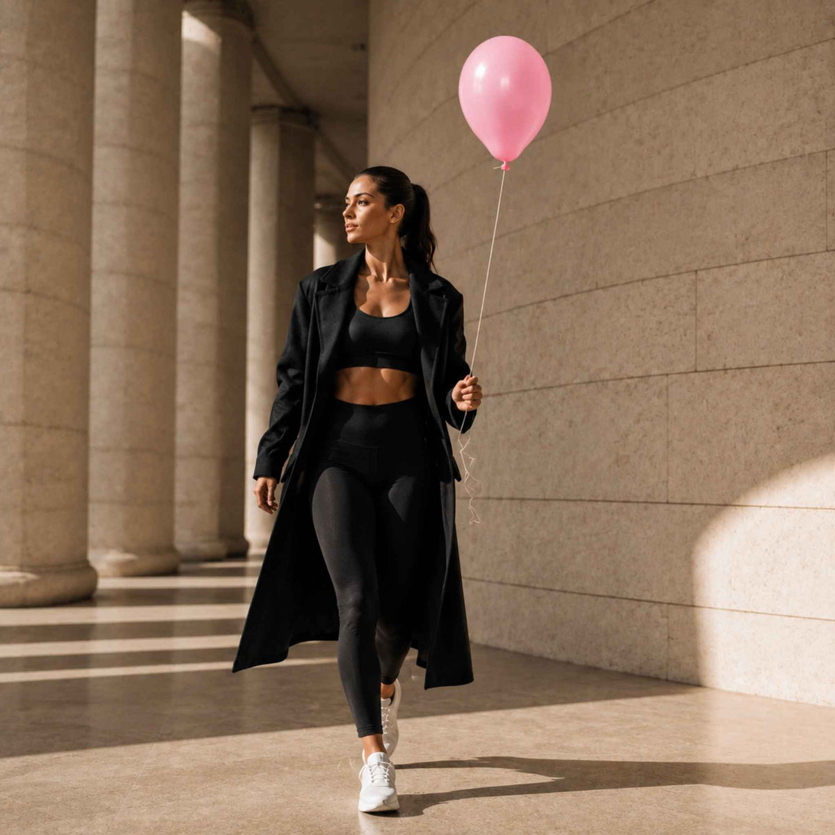 A woman walks through a sunlit architectural corridor with large columns, wearing a black longline coat over a black sports bra and leggings, and holding a pink balloon.