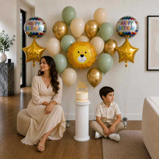 Woman and child with a birthday cake and balloons in a home setting